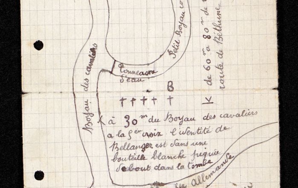 Plan manuscrit d'Ablain Saint Nazaire montrant l'emplacement d'une tombe, avec la légende suivante : "à 30 mètres du boyau des cavaliers, à la 2e croix, l'identité de Bellanger est dans une bouteille blanche piquée debout dans la tombe".