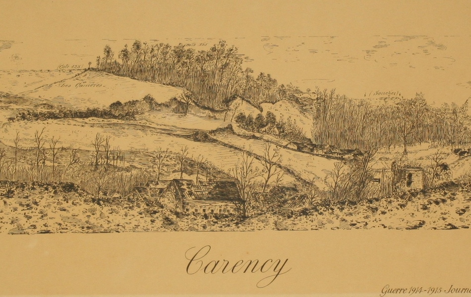Gravure montrant la colline annotée devant le ville de Carency.