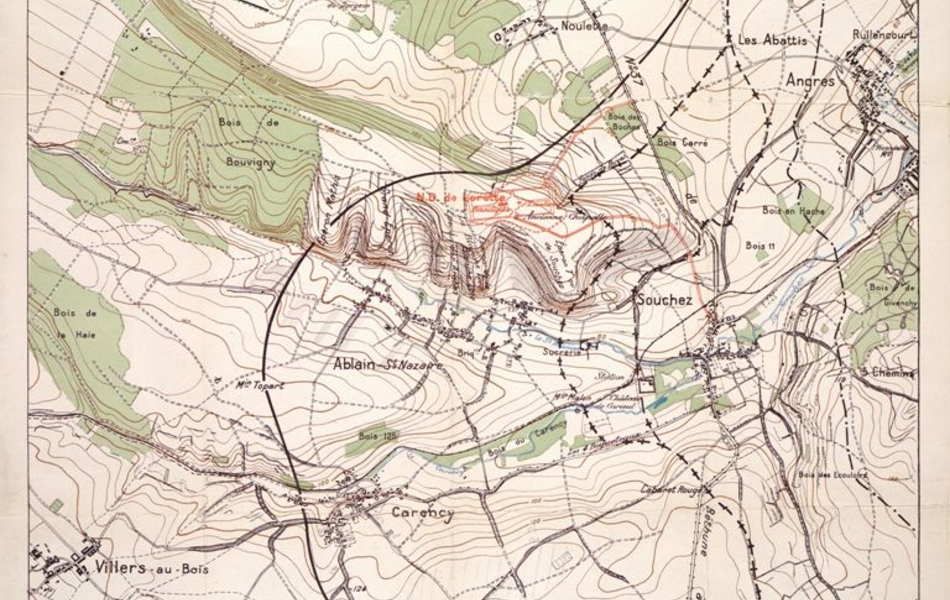 Carte couleur montrant les positions des armées ennemies sur la colline de Lorette.