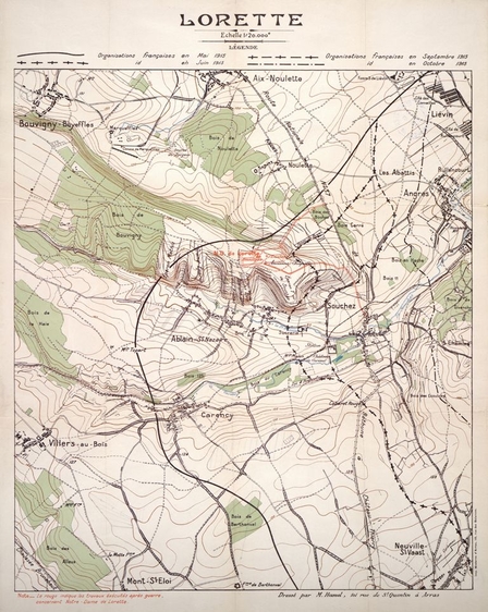 Carte couleur montrant les positions des armées ennemies sur la colline de Lorette.