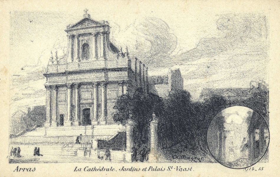 Gravure noir et blanc représentant un ensemble de bâtiments bordé d'un parc. En bas, dans un petit médaillon, les ruines d'une cathédrale.