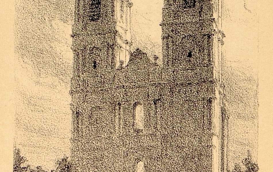 Gravure noir et blanc représentant deux tours d'une abbaye. En bas, dans un petit médaillon, les ruines de ces mêmes tours.