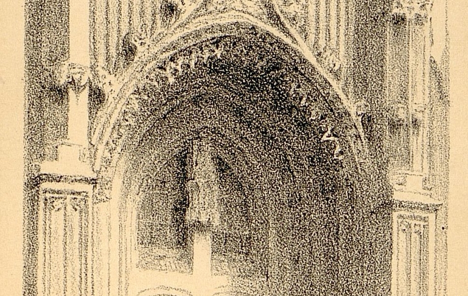 Gravure noir et blanc représentant le portail d'une église.