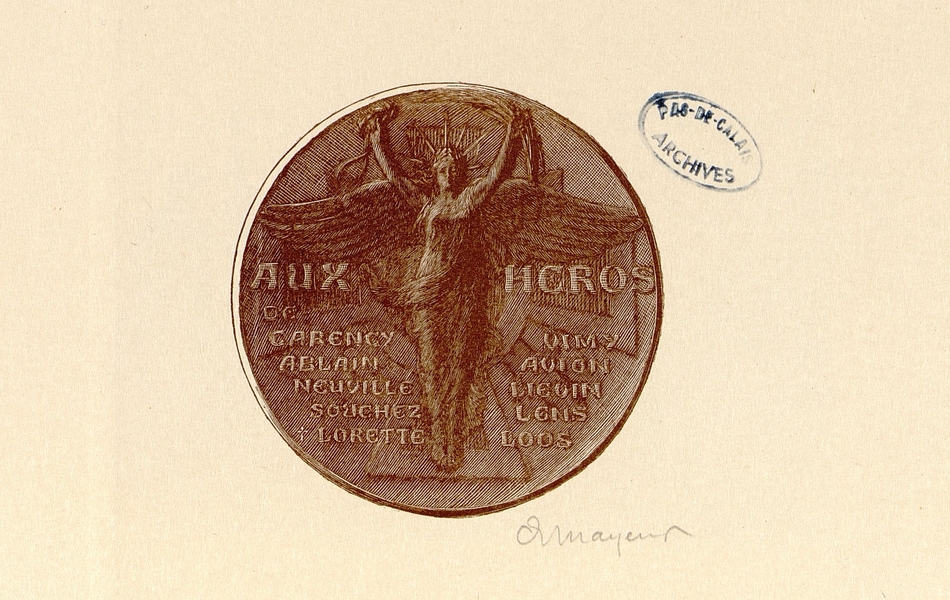 Gravure monochrome en médaillon représentant une Victoire ailée brandissant une couronne de laurier et un rameau.