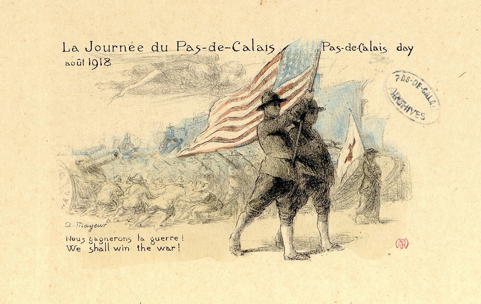 Gravure couleur montrant deux soldats brandissant un drapeau américain. À l'arrière-plan, scène de combat floutée.