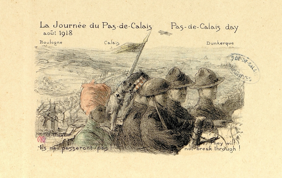 Gravure couleur montrant un défilé de soldats de diverses nationalités. À l'arrière-plan, représentation floutée de Boulogne, Calais et Dunkerque.