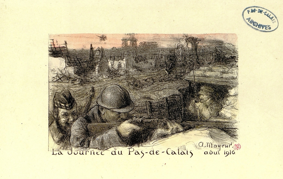 Gravure couleur montrant des soldats embusqués dans une tranchée derrère un paysage de ruines et de désolation. L'un d'eux s'apprête à tirer.