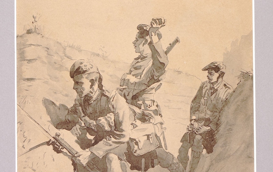 Dessin de soldats du 2e bataillon des Black Watch dans une tranchée sur le front. Ils sont équipés d’une veste britannique, de bérets et de kilts.