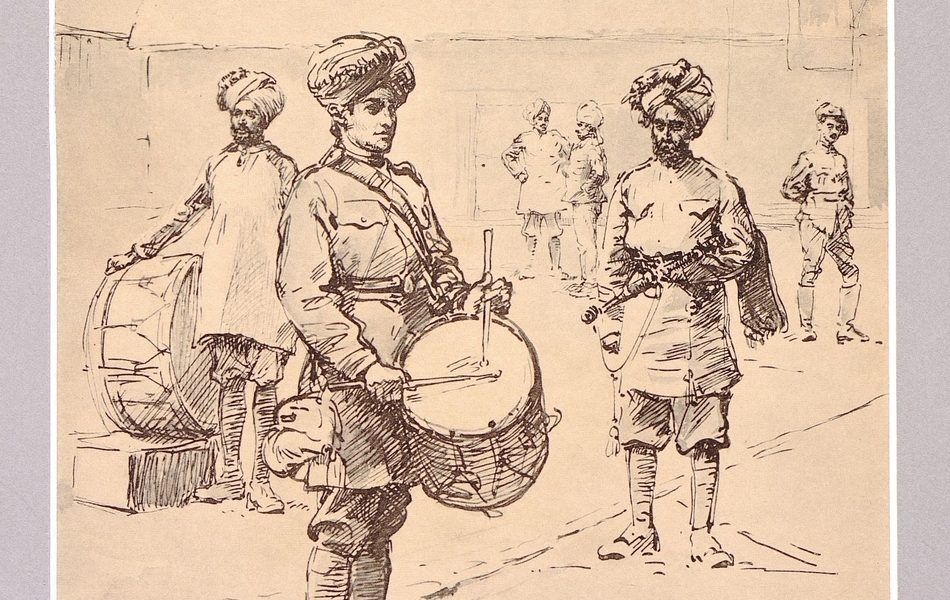 Dessin de musiciens militaires indiens avec tambour, grosse caisse et cornemuse dans la cours d'une ferme.
