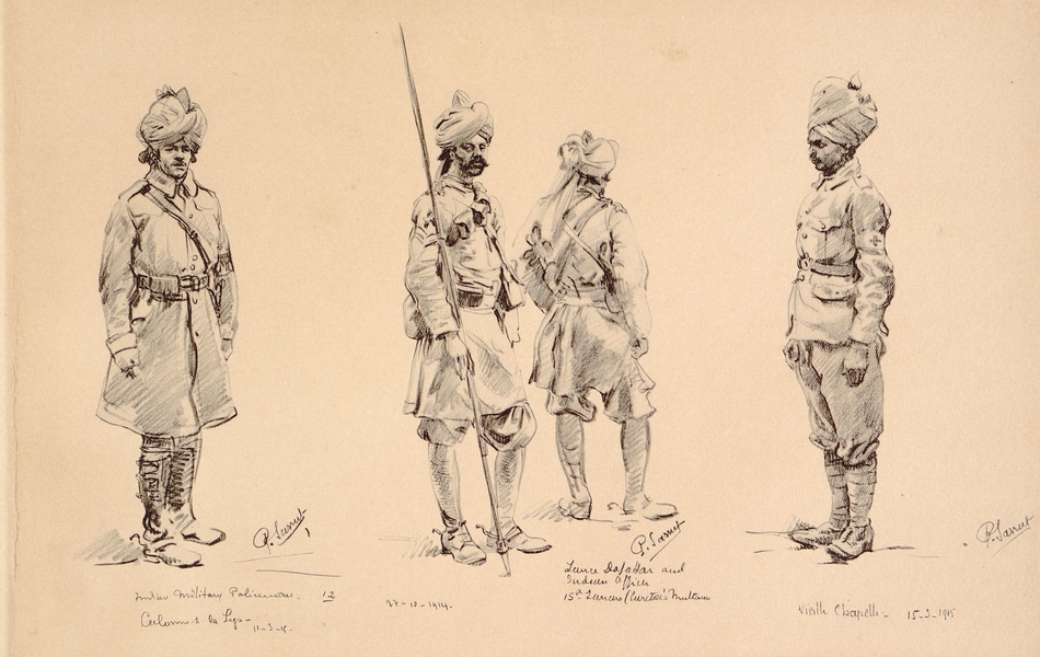 Dessin de quatre soldats dont un avec une lance.