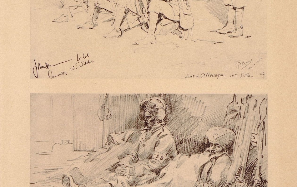 En haut, dessin de soldats du 15th Sikhs à l’entraînement avec deux sous-officiers debout derrière eux. En bas, dessin de soldats sikhs au repos, sous les couvertures, dans un camp de cantonnement. 