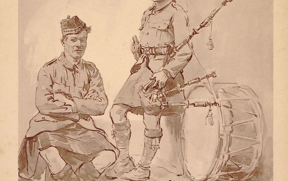 Dessin de deux soldats écossais avec un tambour à gauche et une cornemuse à droite. 