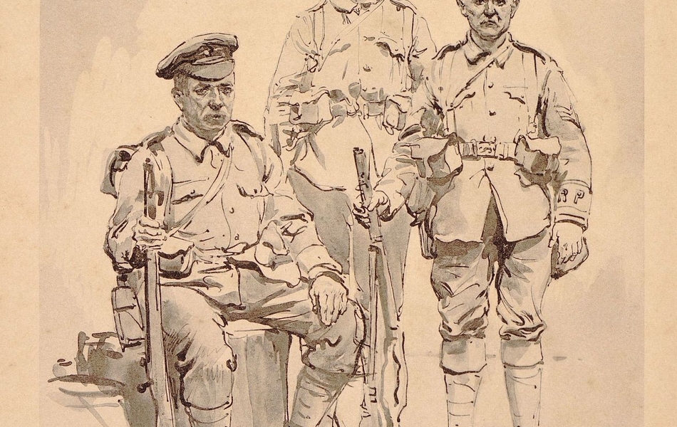 Dessin de trois soldats de l’infanterie irlandaise en armes et uniforme.