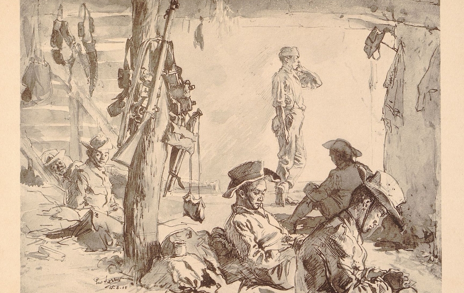 Dessin de six soldats indiens au repos. Au premier plan, deux d’entre eux écrivent. Les armes et les uniformes pendent au plafond et aux poteaux. 