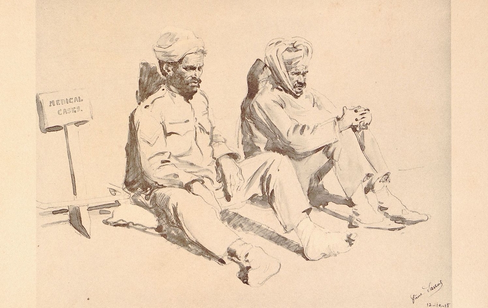 Dessin de deux soldats indiens attendent assis à côté d'un panneau "medical case".