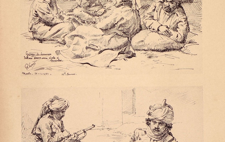 En haut, dessin de quatre soldat iniens assis sur le sol d'une école. En bas deux soldats sont allongés avec leurs armes et paquetage.