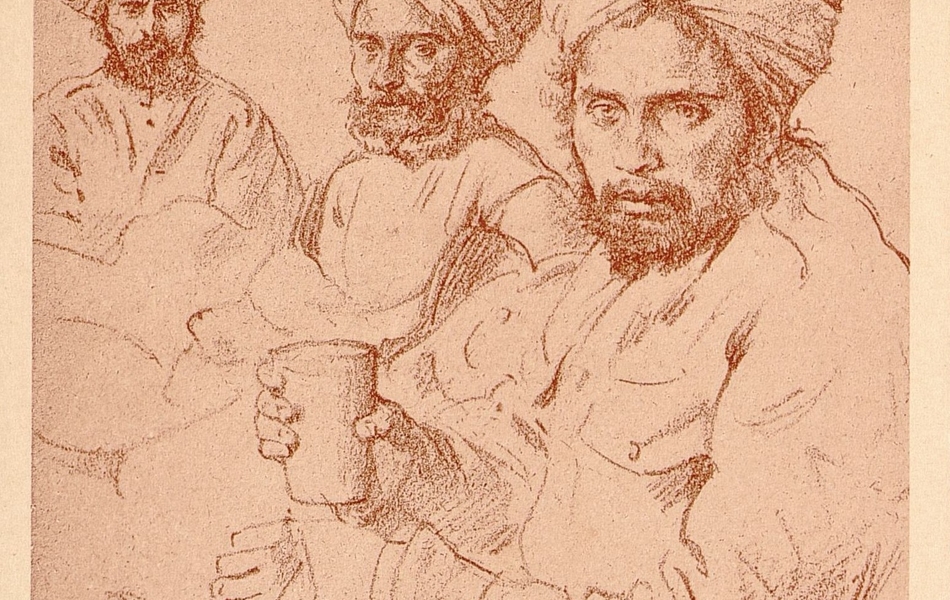 À gauche, dessin de trois soldats indiens blessés qui attendent d’être soignés, assis à l’intérieur d’un bâtiment. Au premier plan, l’un d’entre eux, à la main bandée, tient un gobelet. À droite, un barbier s’occupe de la toilette d’un soldat. Tous deux sont assis. Un troisième, debout, attend son tour.