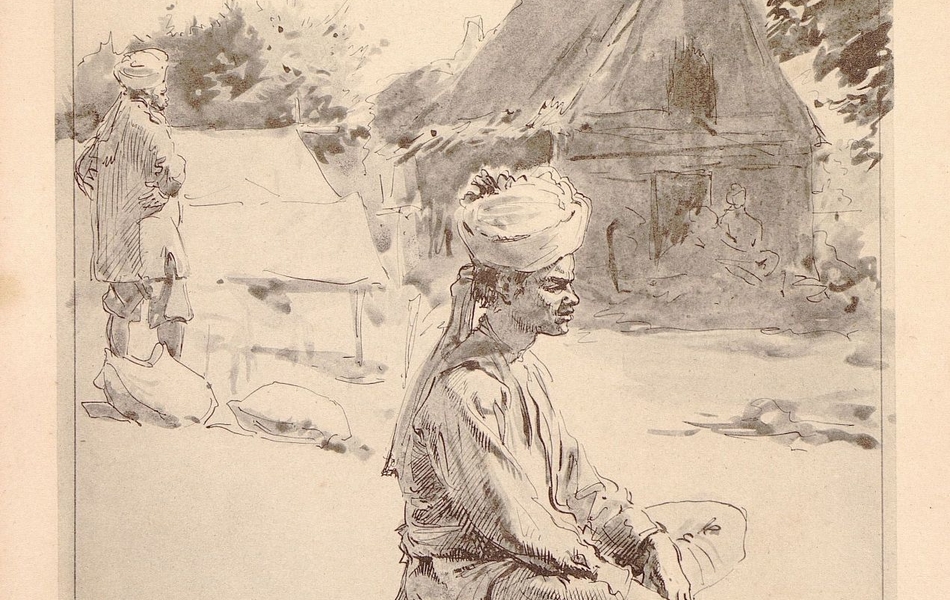 Dessin d'un soldat indien est assis en tailleur sur un sac de toile, les yeux fermés.
