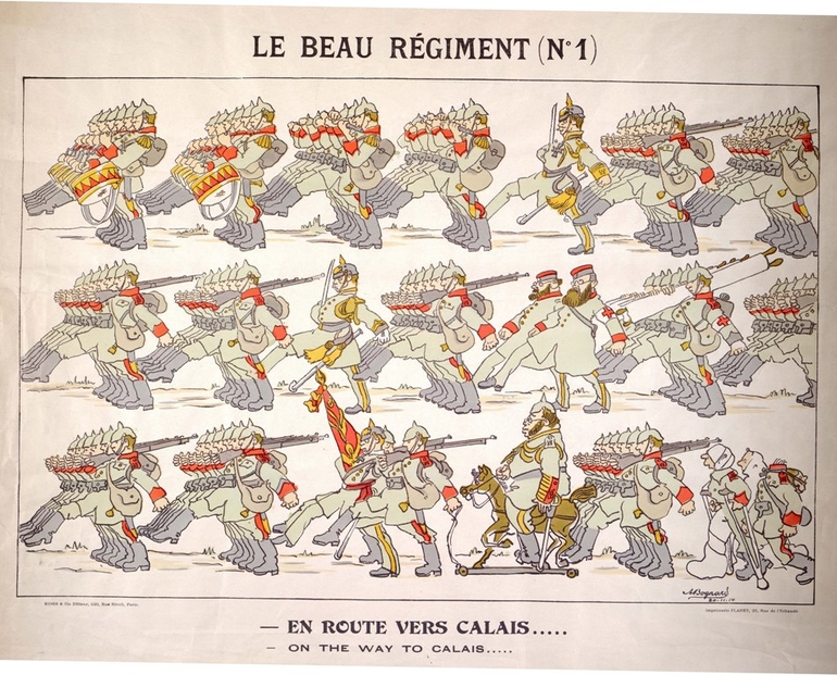 Lithographie couleur montrant trois rangs de l'armée allemande défilant.