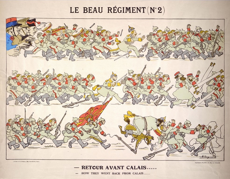 Lithographie couleur montrant trois rangs de l'armée allemande s'enfuyant devant l'allégorie des forces alliées (trois bustes portant les uniformes français, anglais et russes).