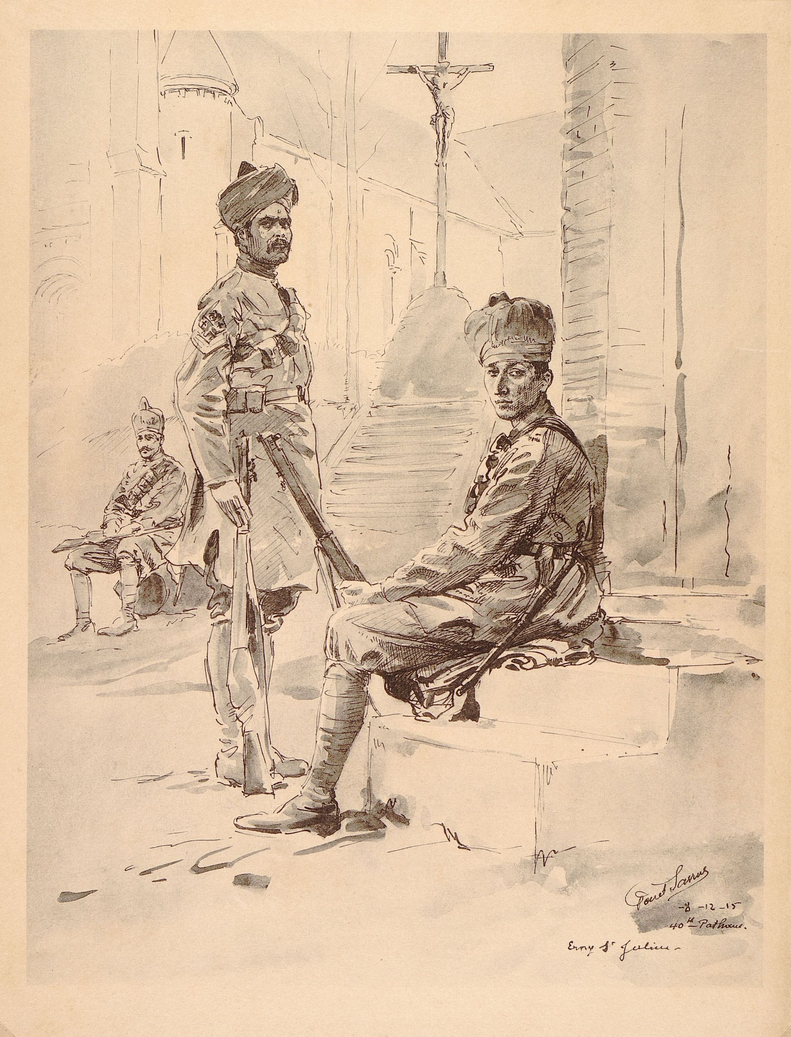 Dessin montrant deux soldats indiens au premier plan. Derrirèe eux se trouve un crucifix.