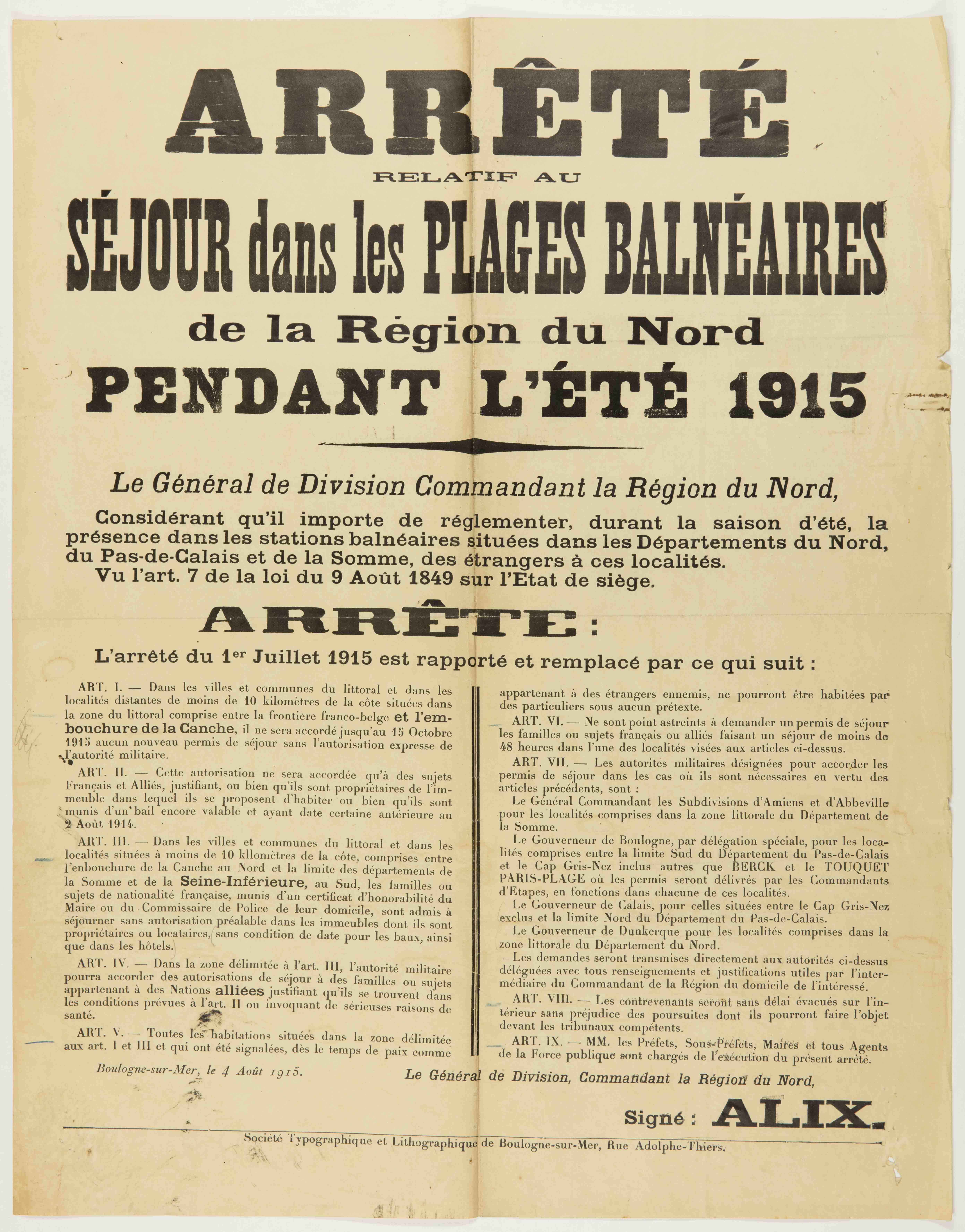 Affiche réglementant le séjour dans les plages balnéaires de la région du Nord pendant l'été 1915.