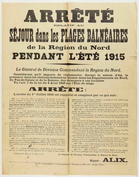 Affiche réglementant le séjour dans les plages balnéaires de la région du Nord pendant l'été 1915.