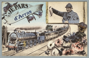Carte postale couleur montrant un train à vapeur en train de rouler. Au-dessus, dans un médaillon, un soldat agite un mouchoir.
