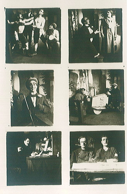 Six photographies noir et blanc montrant des comédiens costumés en train de jouer des scènes de théâtre.