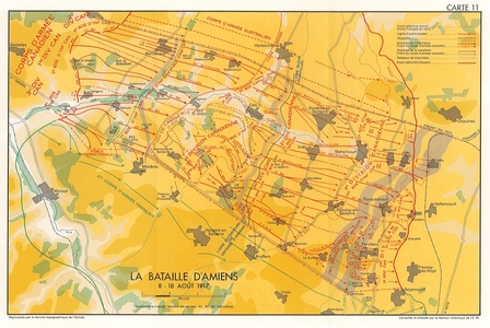 Carte schématique représentant les mouvements des troupes canadiennes lors de la bataille d'Amiens.