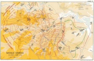 Carte schématique représentant les mouvements des troupes canadiennes lors de la bataille d'Arras.