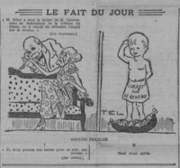 "Amours fiscales". A gauche, une caricature représente M. Clemenceau faisant un baise-main à M. Ribot. En légende : I. "Tu m'as promis ton baiser pour ce soir ma brune." (Air connu.) "M. Ribot a reçu le baiser de M. Clemenceau en descendant de la tribune du Sénat, où il venait de défendre l'inpôt sur le revenu." (Les Journaux.). A droite, un enfant, vétu d'un pagne portant l'inscription "Impôt sur le revenu" avec en légende "II. Neuf mois après".