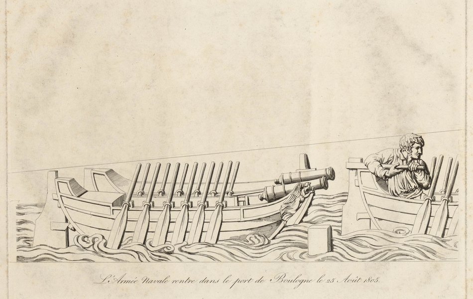 Dessin monochrome montrant un soldat et un canon dans une barque. 