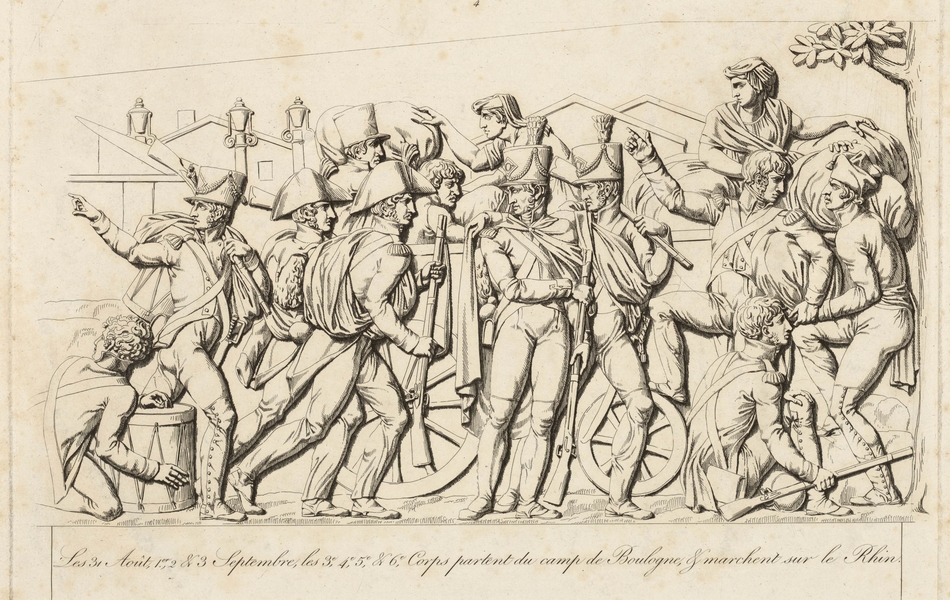 Dessin monochrome montrant des soldats rassemblés autour d'une charrette.