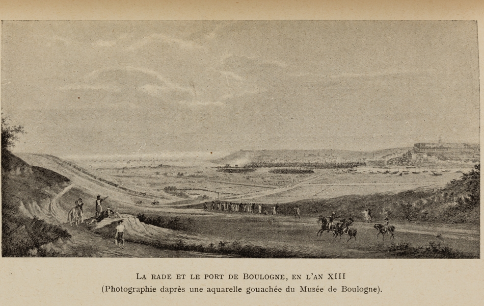 Gravure monochrome montrant une rade.