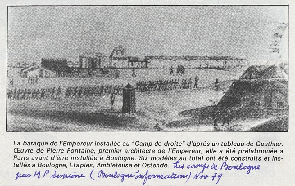 Gravure noir et blanc montrant des baraquements.