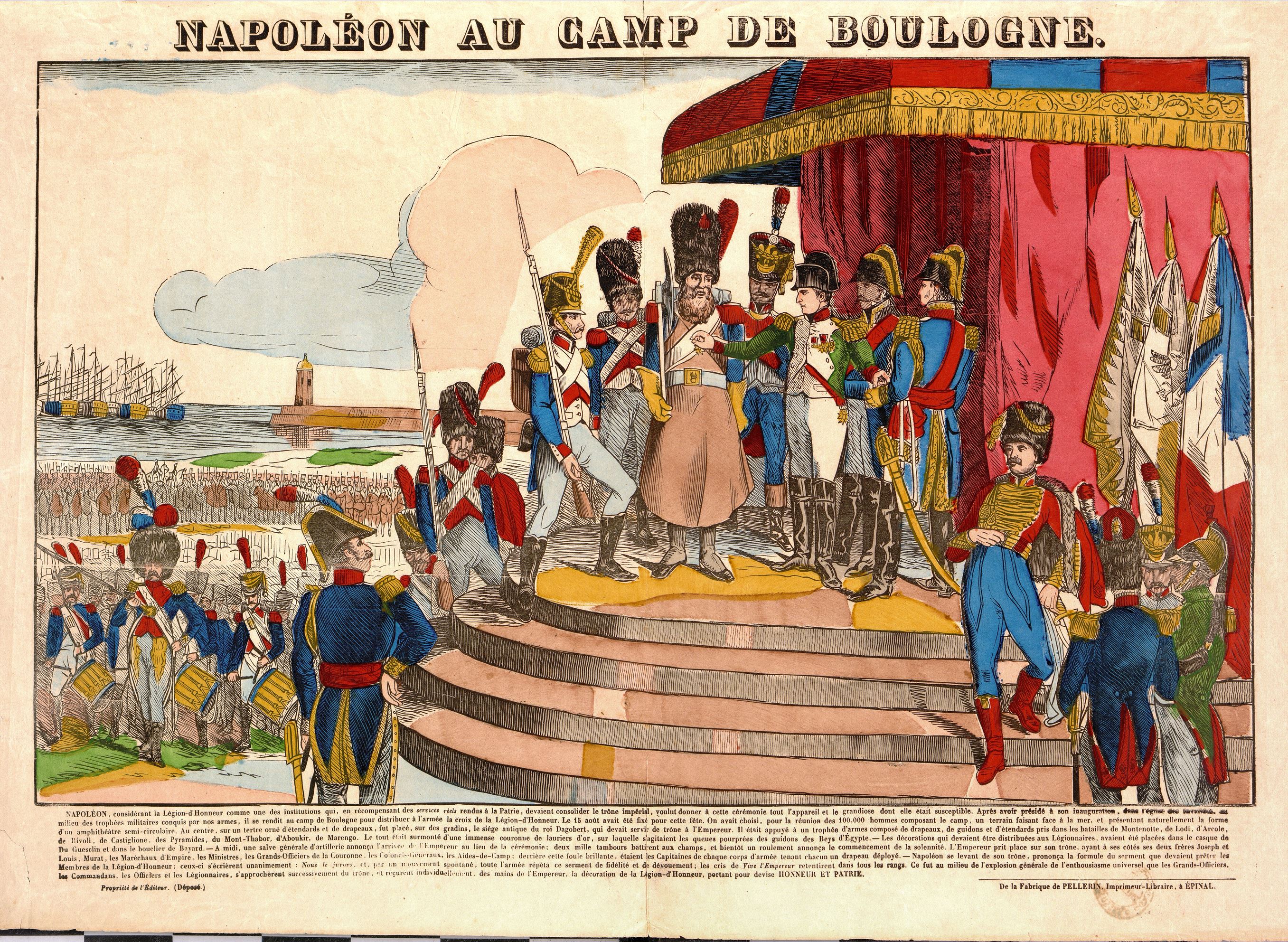 Dessin couleur montrant un homme devant un trône surélevé, entouré d'une foule.