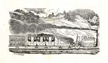 Dessin monochrome montrant une locomotive à charbon tirant des wagons de personnes et d'animaux.