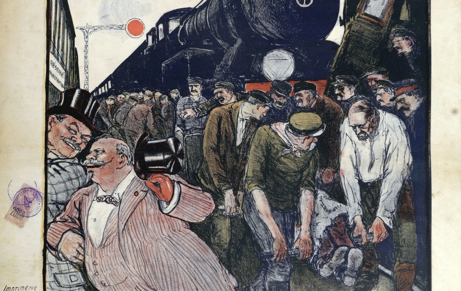 Affiche imprimée couleur où l'on voit une foule d'hommes devant une locomotive. Autour, on lit : "Syndicat national des chemins de fer public. Apprends que chaque semaine les accidents de travail tuent trois des nôtres et en blessent quinze. Et la chair à tampon est pour rien car nous avons des salaires dérisoires. Aussi, public, sois sympathique à tout ce que nous pourrons tenter pour améliorer notre sort et, par là-même, assurer ta sécurité". 