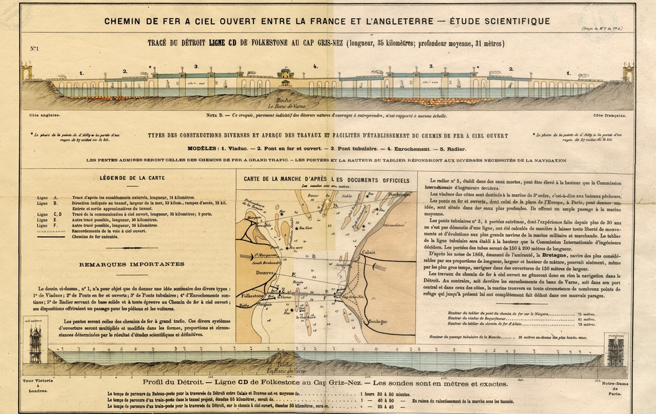 Plan imprimé couleur figurant deux cotes séparées par de l'eau et reliées par une sorte d'aqueduc.
