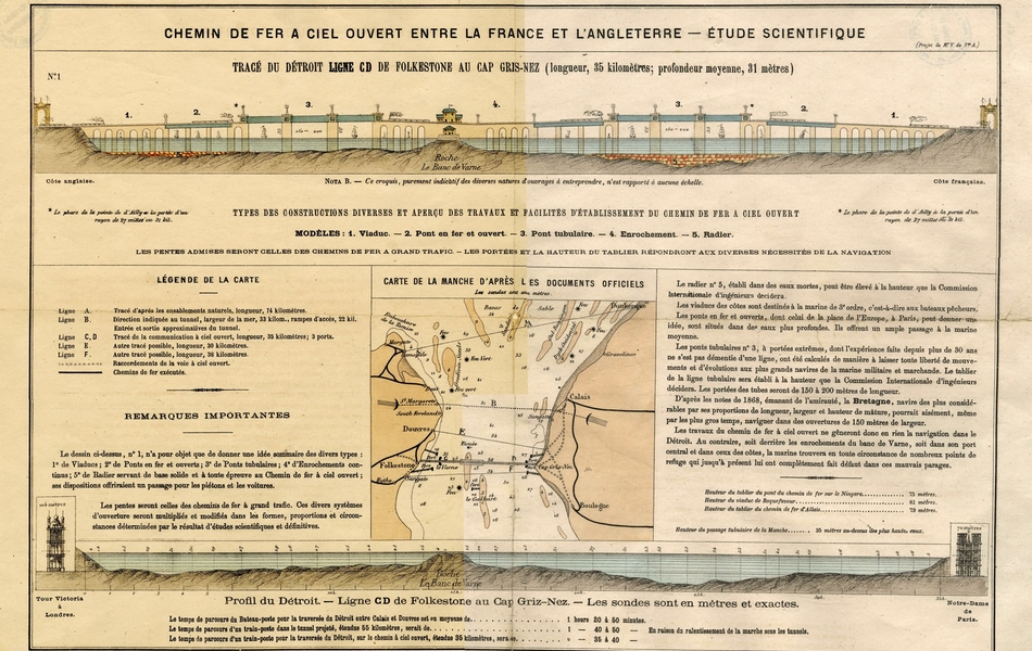 Plan imprimé couleur figurant deux cotes séparées par de l'eau et reliées par une sorte d'aqueduc.