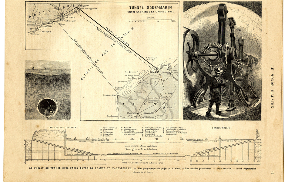 Dessin noir et blanc montrant deux coupes du projet de tunnel sous la Manche.