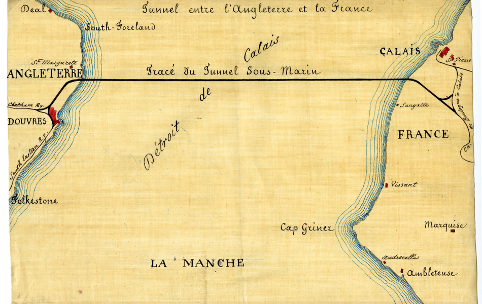 Dessin manuscrit montrant les villes de Douvres et de Calais reliées par un tracé. 
