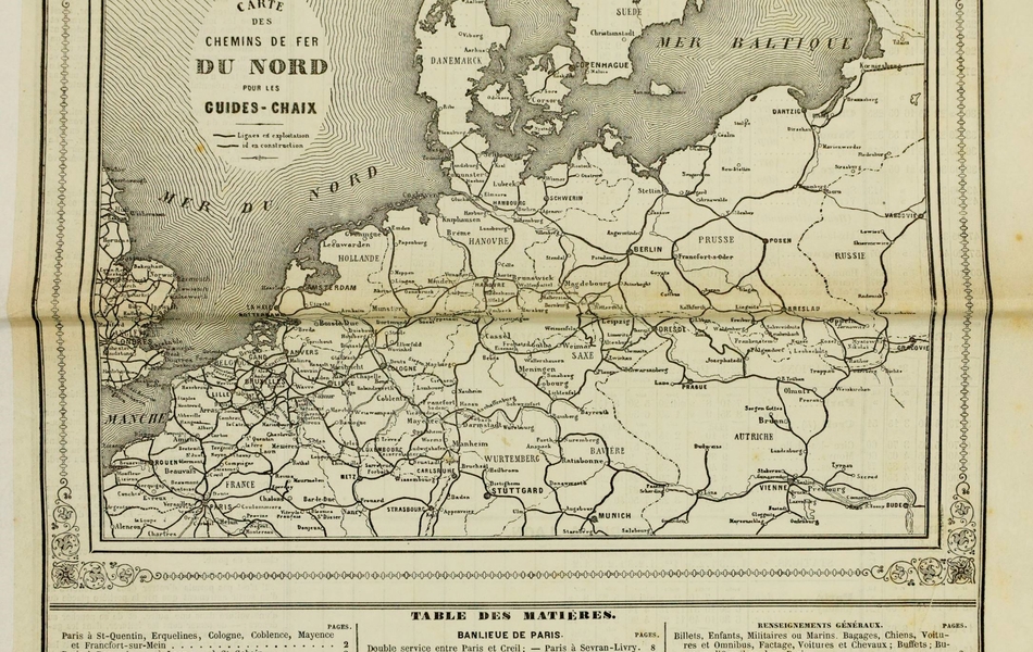 Document imprimé composé d'une carte représentant le nord de l'Europe. En-dessous, une table des matières, puis des réclames publicitaires pour des hôtels et des magasins.