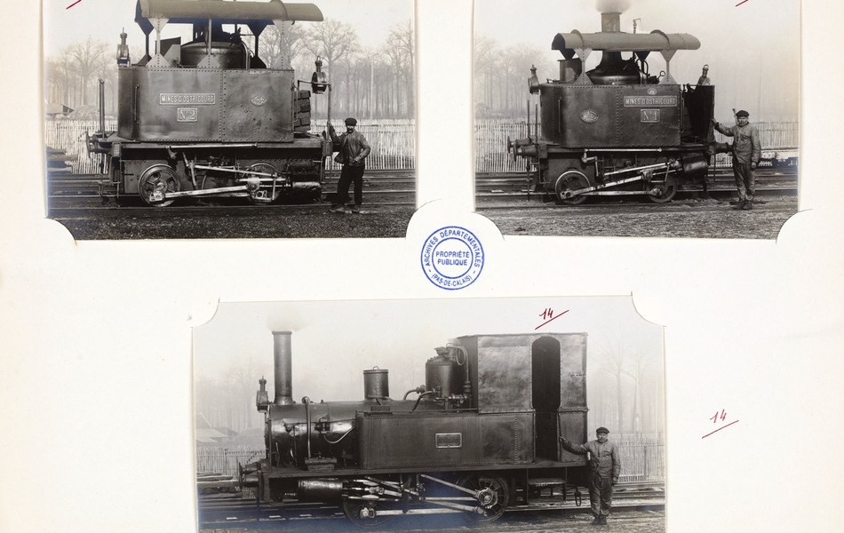 Photographies noir et blanc de locomotives et outillage ferroviaire endommagés.