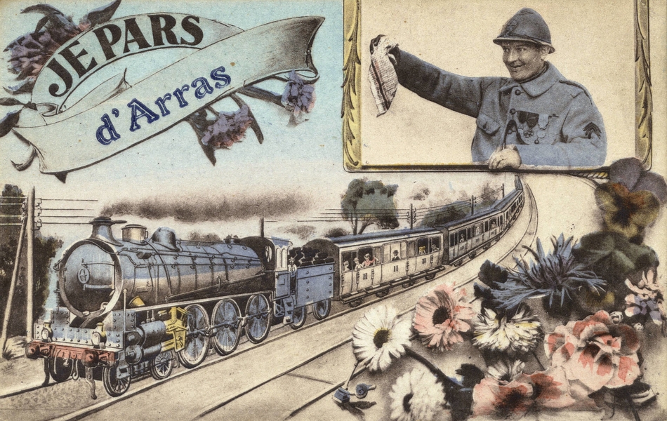 Carte postale couleur montrant un soldat enjoué secouant son mouchoir devant un train en mouvement.