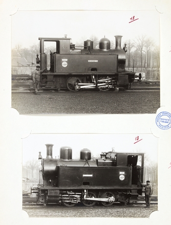 Photographies noir et blanc de locomotives et outillage ferroviaire endommagés.