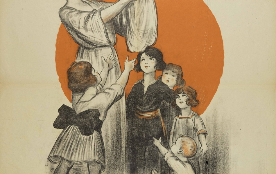 Affiche couleur montrant une mère portant un nourrisson à bout de bras. Autour d'eux, quatre autres enfants de différents âges. Au-dessous, le titre suivant : "Journée nationale des mères de famille nombreuse" et le sous titre : "sous le haut patronage de M. le président de la République". En-dessous de l'illustration, la légende suivante : "La France a besion d'enfants, honorons les familles nombreuses, secourons celles qui en ont besoin, c'est notre devoir, c'est notre intérêt. Ainsi la France vivra puissante, prospère et glorieuse. Donnons, donnons tous pour les enfants de France".