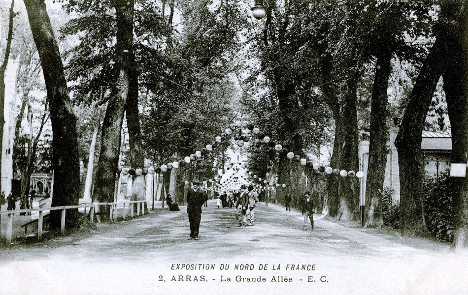 Carte postale noir et blanc d'une allée bordée d'arbres et parée de guirlandes de ballons.