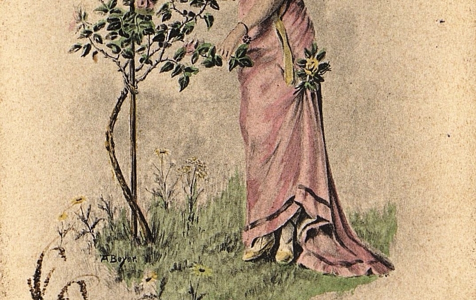 Carte postale couleur montrant une jeune femme portant une longue robe rose penchée sur un rosier.